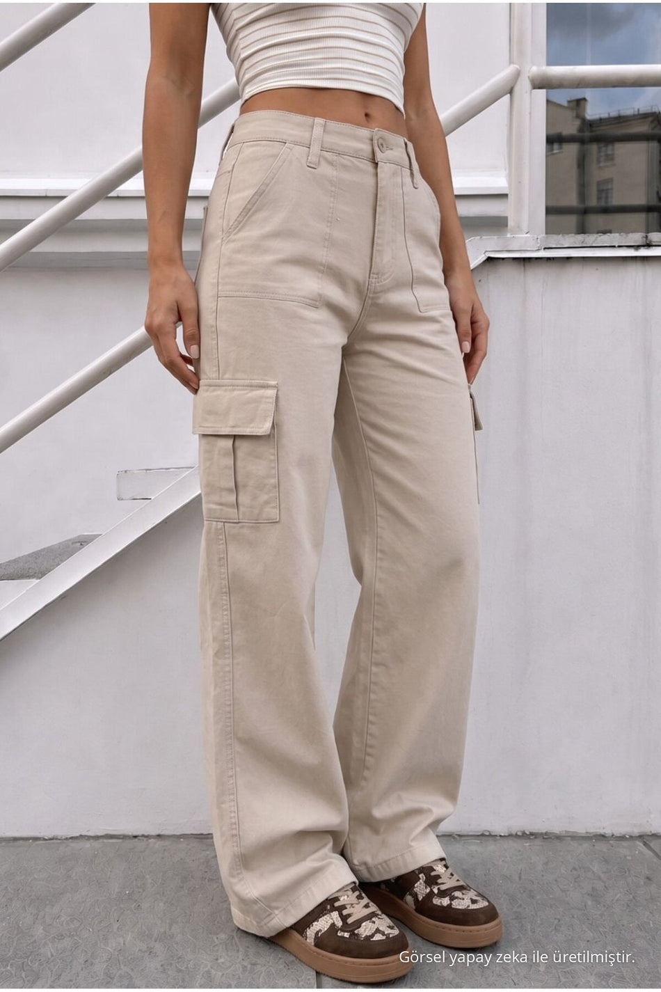 Women's Cargo Pocket Palazzo Cut Stretch Fabric Beige Trousers - MALLTURK