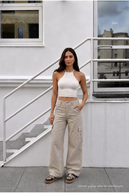 Women's Cargo Pocket Palazzo Cut Stretch Fabric Beige Trousers - MALLTURK
