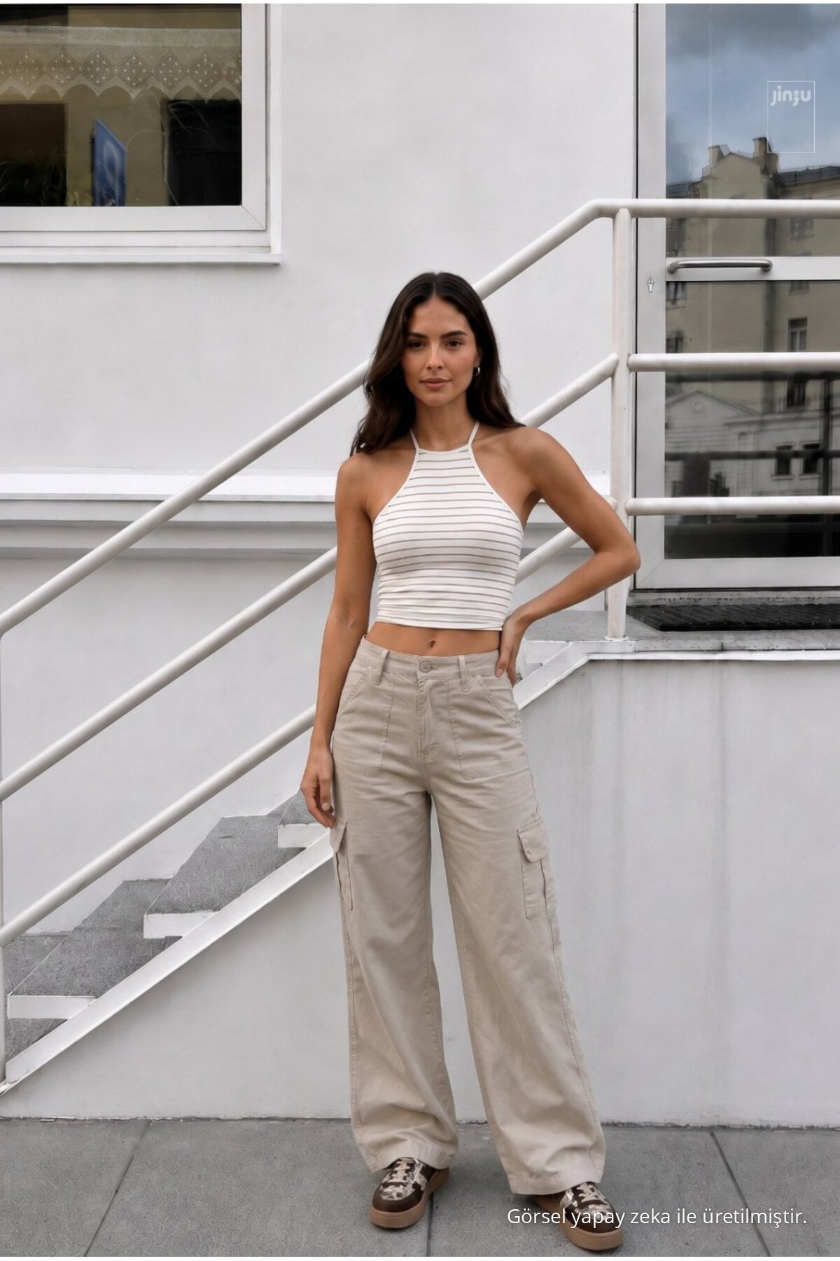 Women's Cargo Pocket Palazzo Cut Stretch Fabric Beige Trousers - MALLTURK