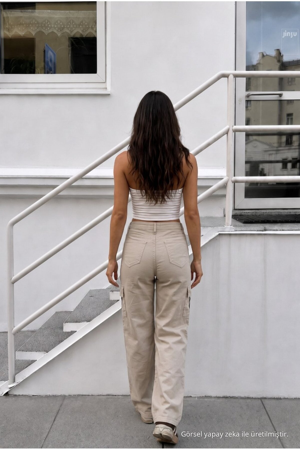 Women's Cargo Pocket Palazzo Cut Stretch Fabric Beige Trousers - MALLTURK