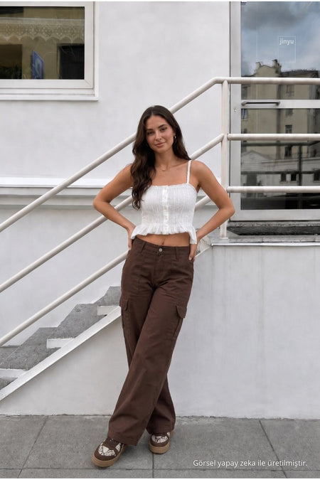 Women's Cargo Pocket Palazzo Cut Stretch Fabric Brown Trousers - MALLTURK