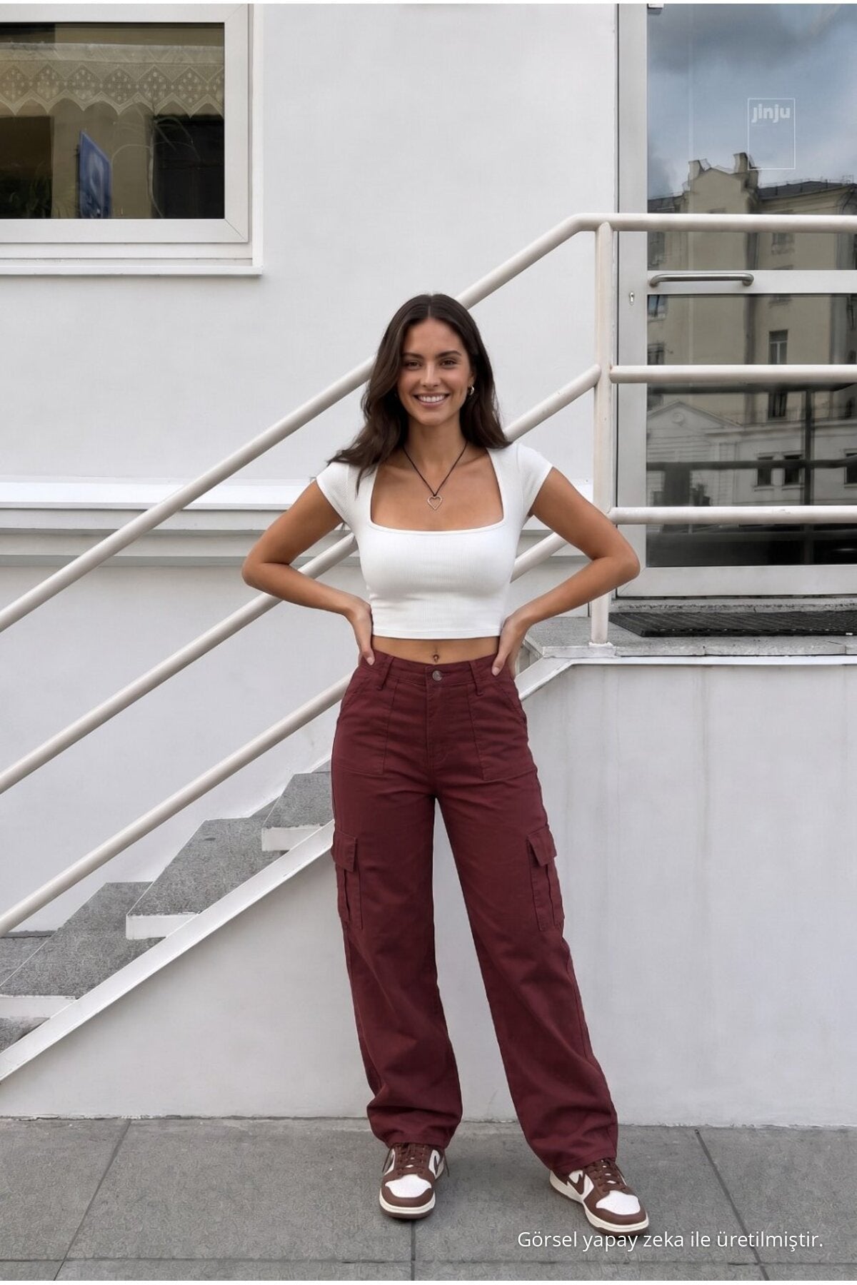 Women's Cargo Pocket Palazzo Cut Stretch Fabric Burgundy Trousers - MALLTURK