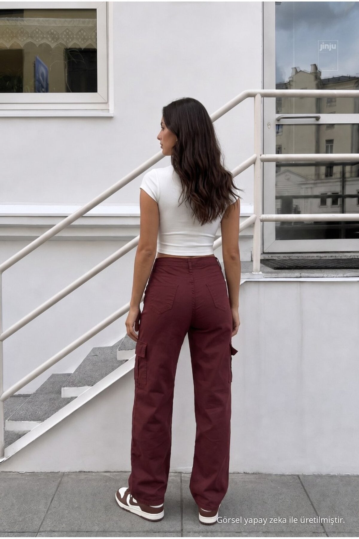 Women's Cargo Pocket Palazzo Cut Stretch Fabric Burgundy Trousers - MALLTURK
