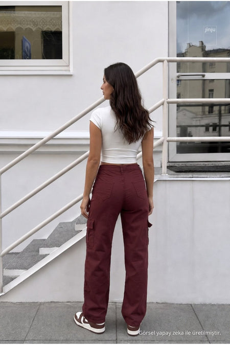 Women's Cargo Pocket Palazzo Cut Stretch Fabric Burgundy Trousers - MALLTURK
