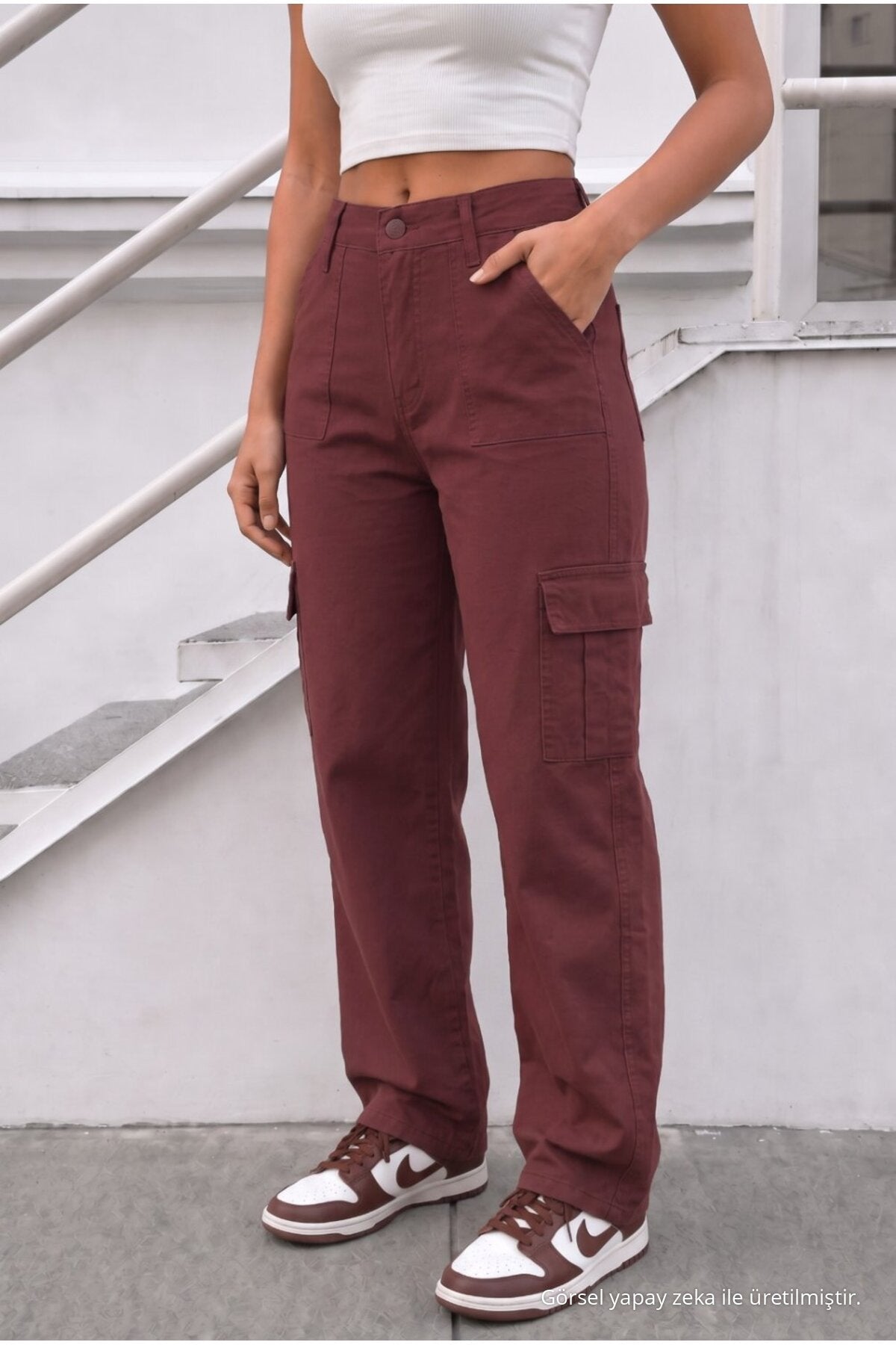 Women's Cargo Pocket Palazzo Cut Stretch Fabric Burgundy Trousers - MALLTURK