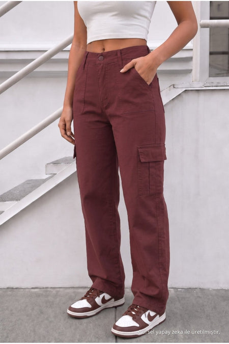 Women's Cargo Pocket Palazzo Cut Stretch Fabric Burgundy Trousers - MALLTURK