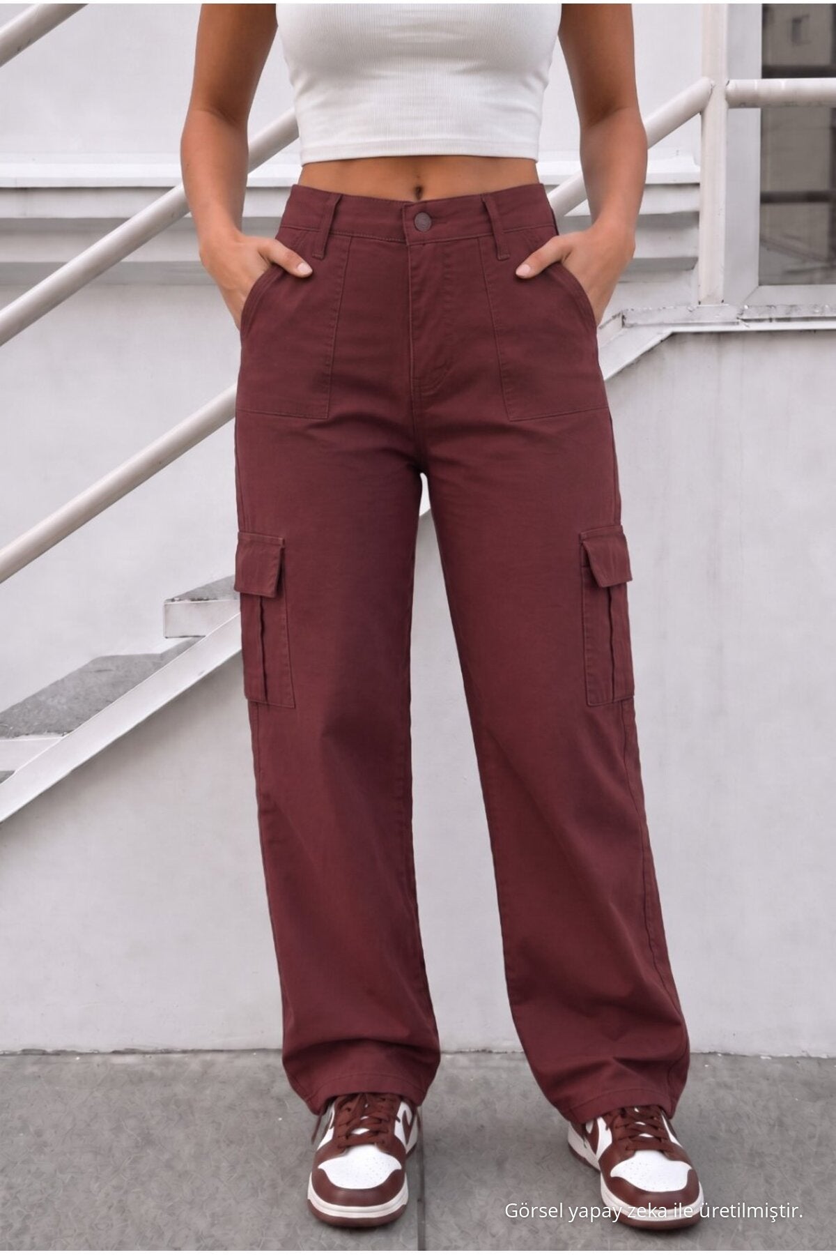 Women's Cargo Pocket Palazzo Cut Stretch Fabric Burgundy Trousers - MALLTURK