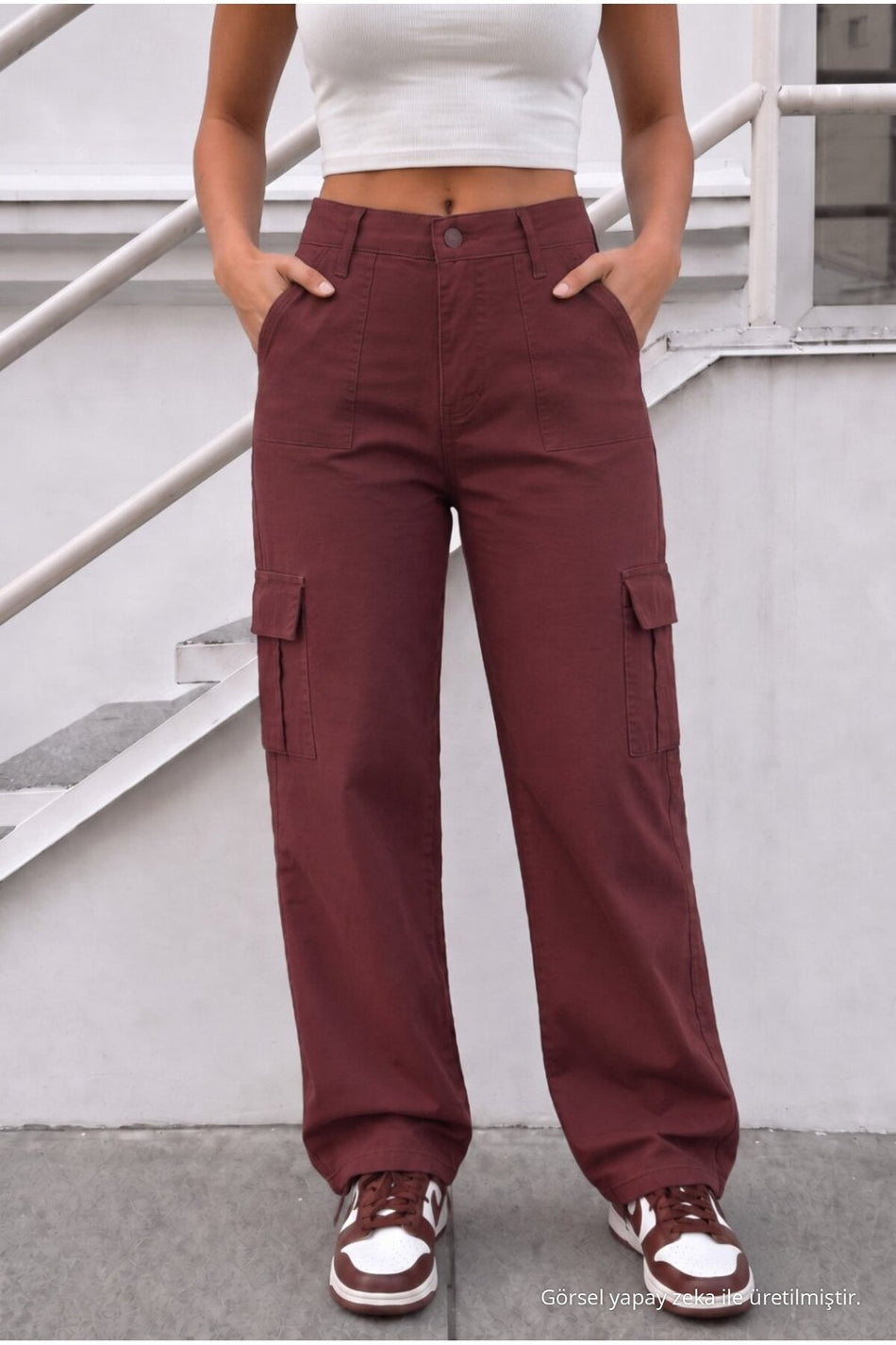 Women's Cargo Pocket Palazzo Cut Stretch Fabric Burgundy Trousers - MALLTURK