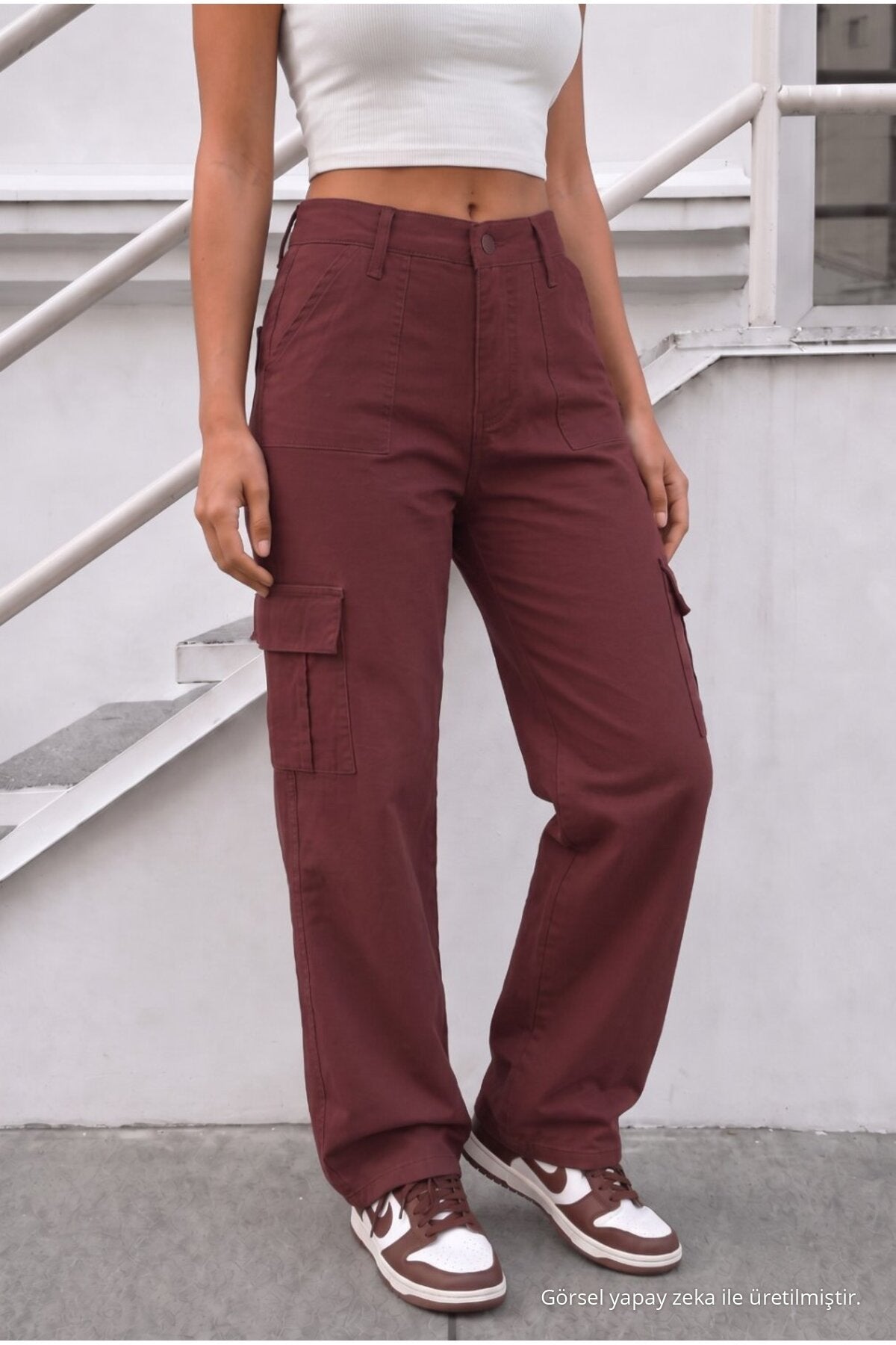 Women's Cargo Pocket Palazzo Cut Stretch Fabric Burgundy Trousers - MALLTURK