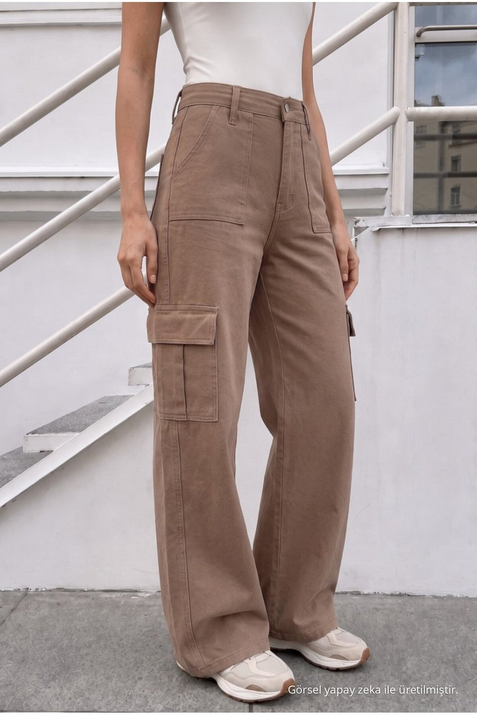 Women's Cargo Pocket Palazzo Cut Stretch Fabric Mink Pants - MALLTURK