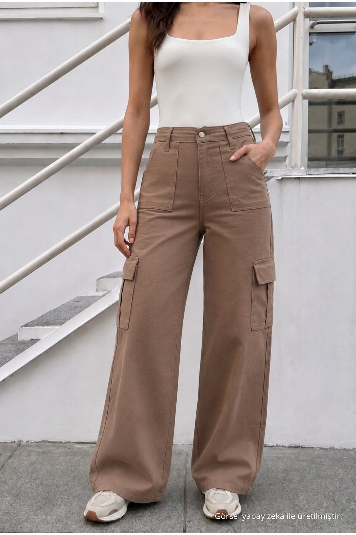 Women's Cargo Pocket Palazzo Cut Stretch Fabric Mink Pants - MALLTURK