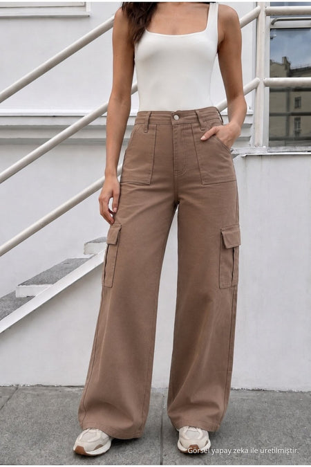 Women's Cargo Pocket Palazzo Cut Stretch Fabric Mink Pants - MALLTURK