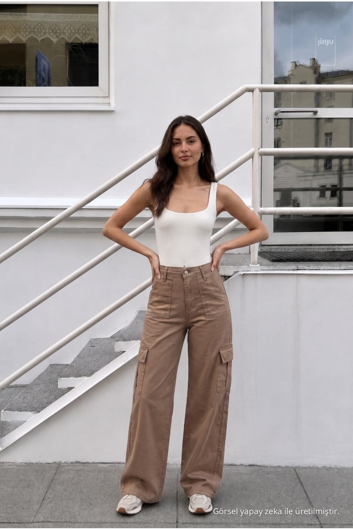 Women's Cargo Pocket Palazzo Cut Stretch Fabric Mink Pants - MALLTURK