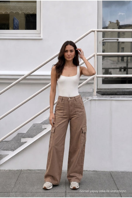 Women's Cargo Pocket Palazzo Cut Stretch Fabric Mink Pants - MALLTURK