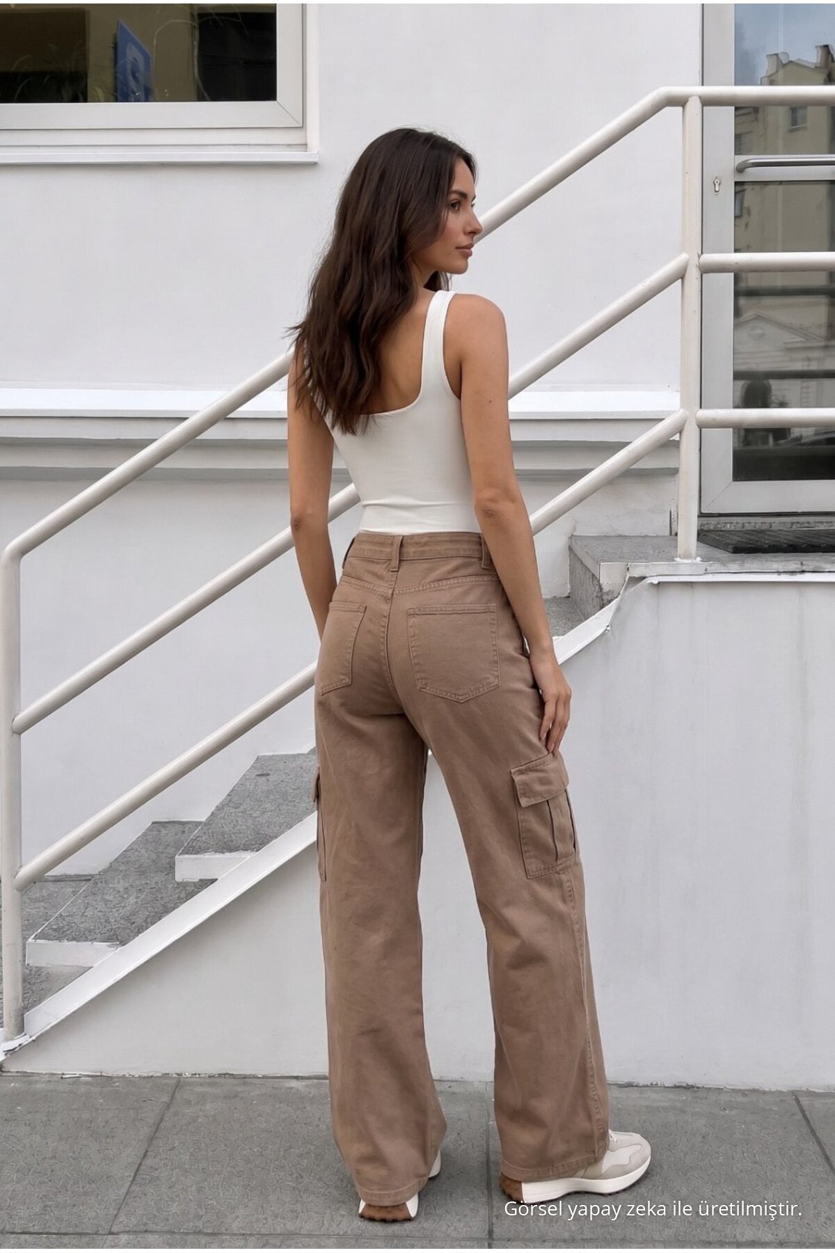 Women's Cargo Pocket Palazzo Cut Stretch Fabric Mink Pants - MALLTURK