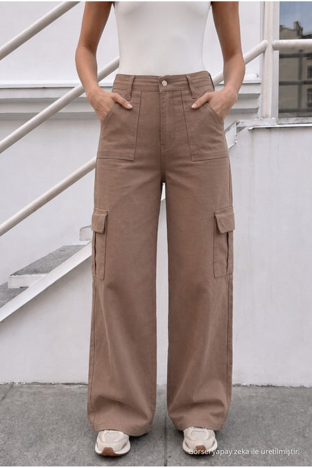 Women's Cargo Pocket Palazzo Cut Stretch Fabric Mink Pants - MALLTURK