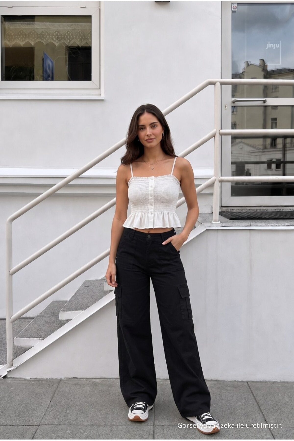 Women's Cargo Pocket Palazzo Fit Stretch Fabric BLACK Trousers - MALLTURK
