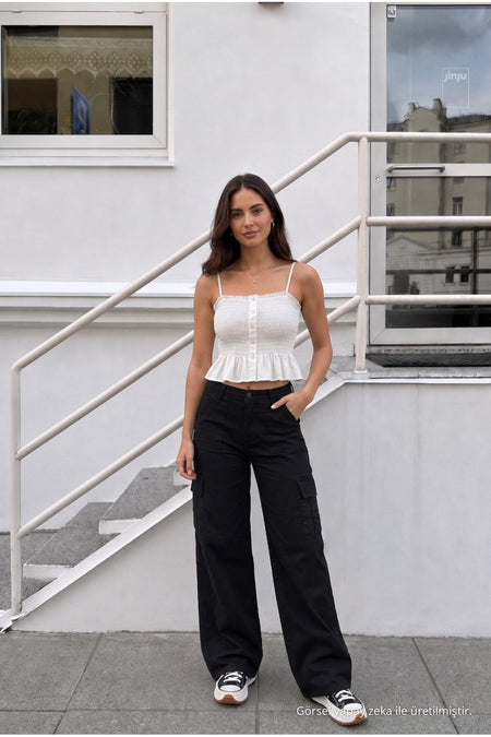Women's Cargo Pocket Palazzo Fit Stretch Fabric BLACK Trousers - MALLTURK