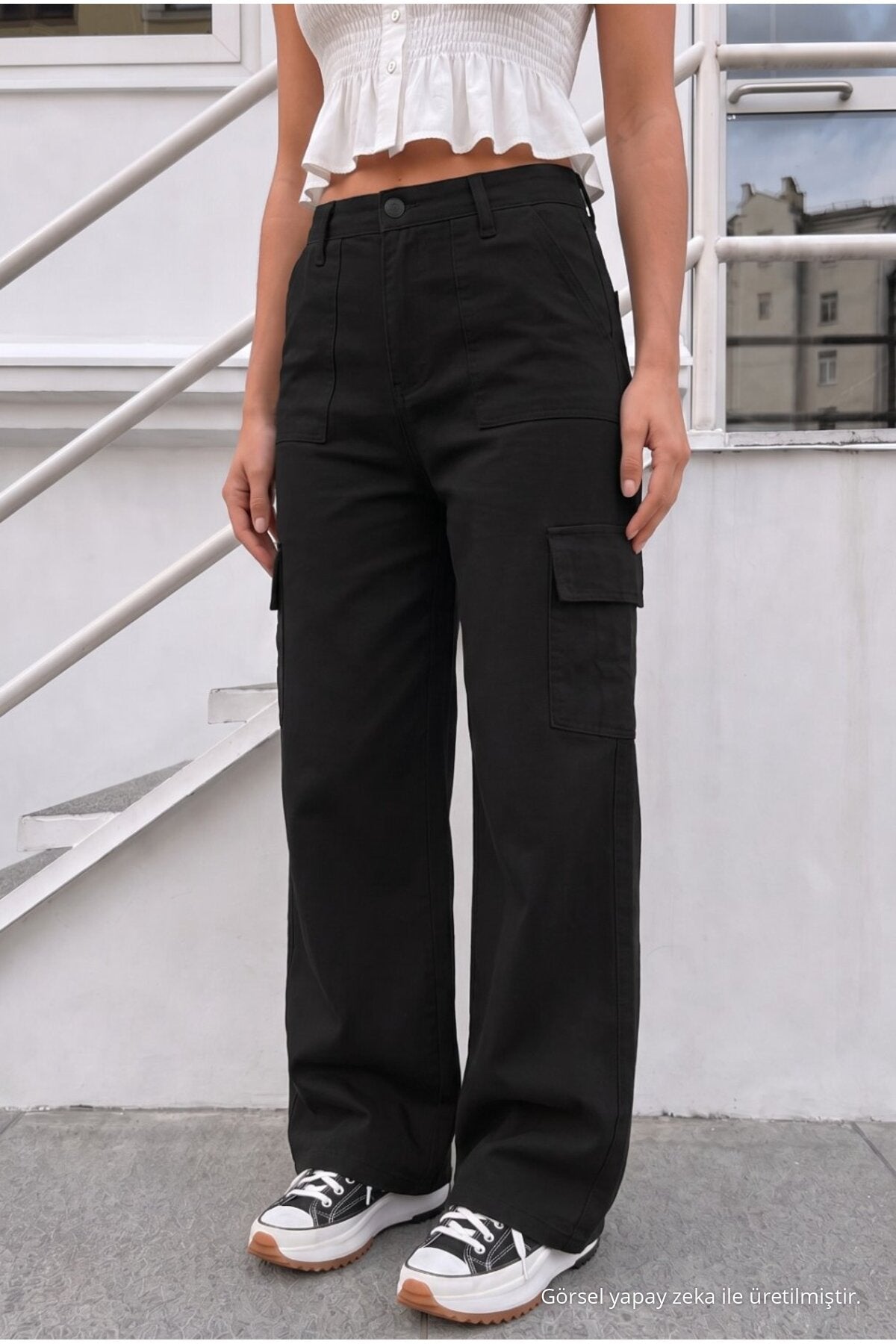 Women's Cargo Pocket Palazzo Fit Stretch Fabric BLACK Trousers - MALLTURK