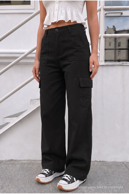 Women's Cargo Pocket Palazzo Fit Stretch Fabric BLACK Trousers - MALLTURK