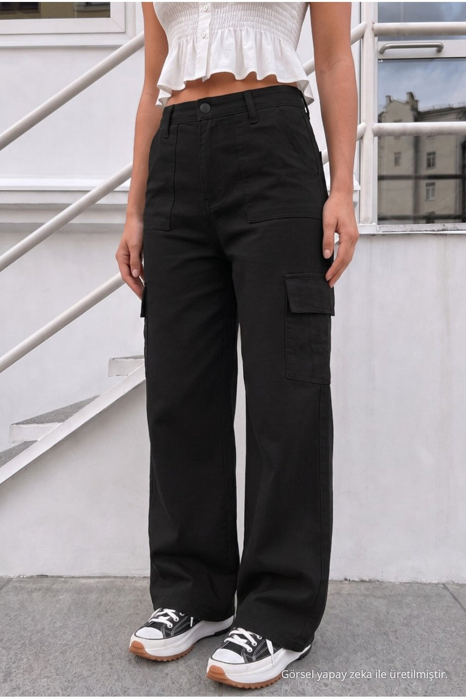 Women's Cargo Pocket Palazzo Fit Stretch Fabric BLACK Trousers - MALLTURK