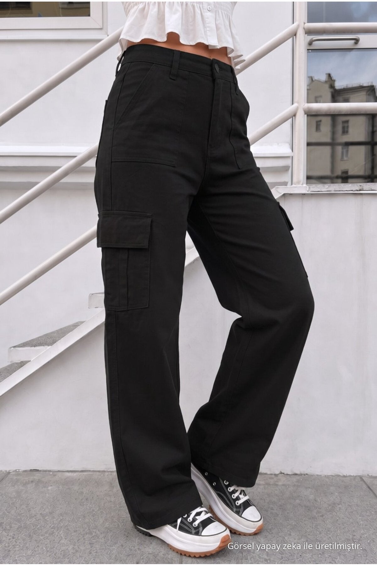 Women's Cargo Pocket Palazzo Fit Stretch Fabric BLACK Trousers - MALLTURK