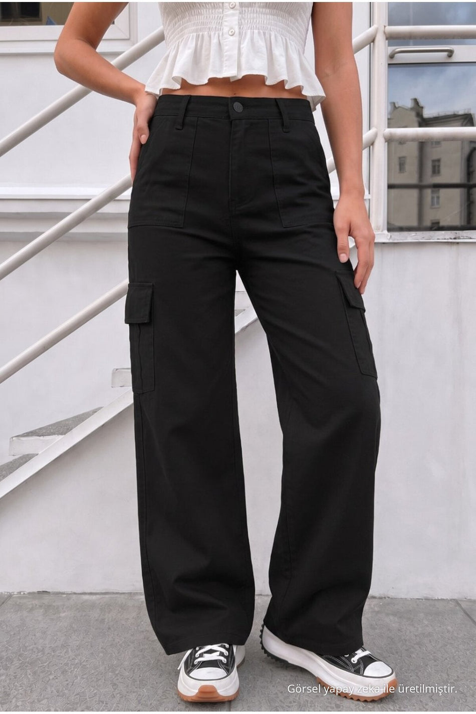 Women's Cargo Pocket Palazzo Fit Stretch Fabric BLACK Trousers - MALLTURK