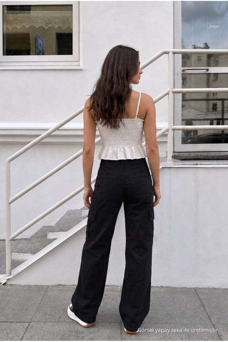 Women's Cargo Pocket Palazzo Fit Stretch Fabric BLACK Trousers - MALLTURK
