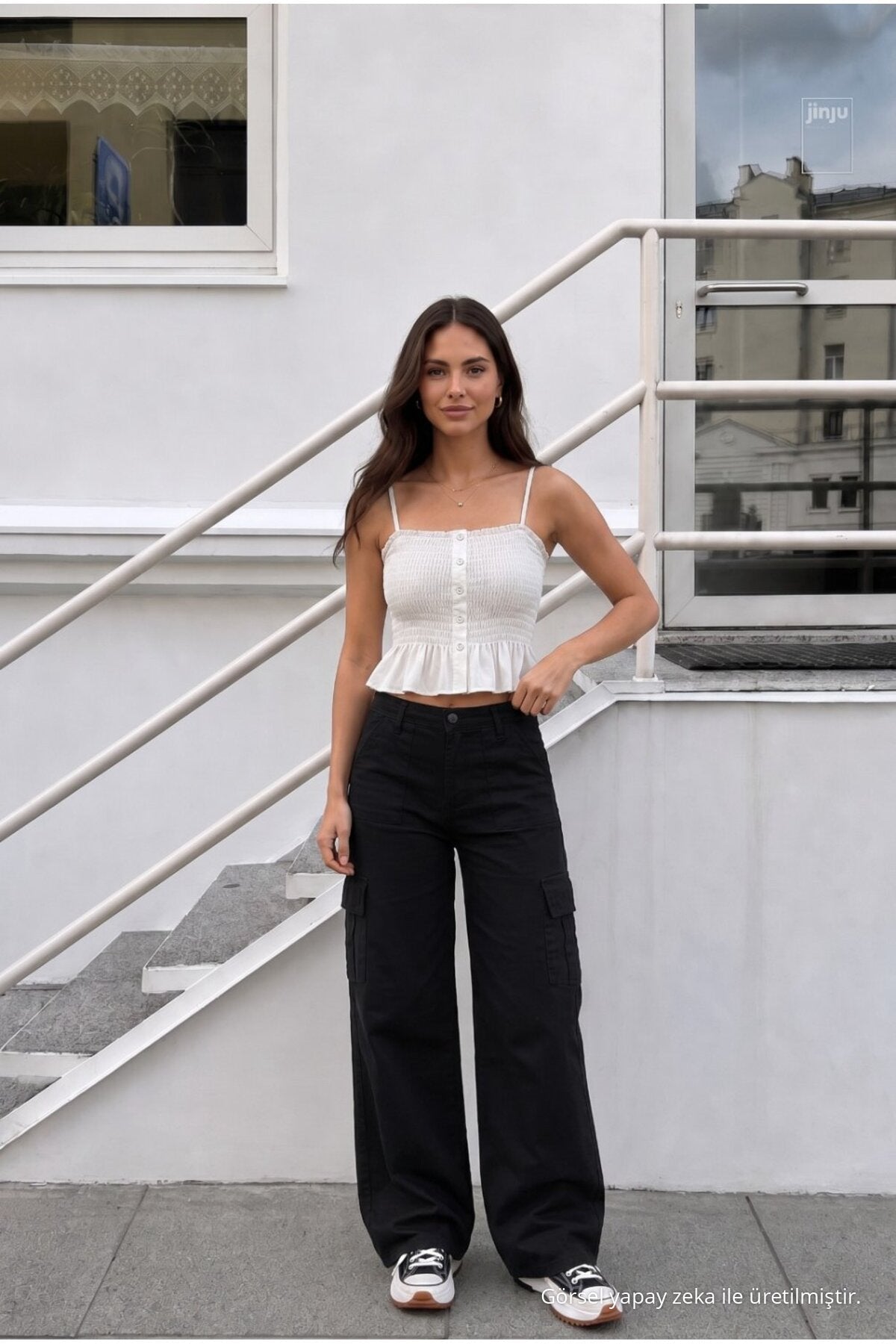Women's Cargo Pocket Palazzo Fit Stretch Fabric BLACK Trousers - MALLTURK
