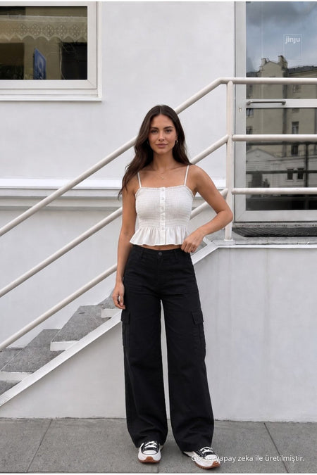 Women's Cargo Pocket Palazzo Fit Stretch Fabric BLACK Trousers - MALLTURK