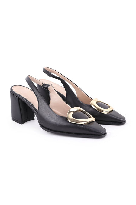 Women's Classic Heeled Shoes Slingback Matte Leather Metal Buckle Block Heel L064.043 - MALLTURK