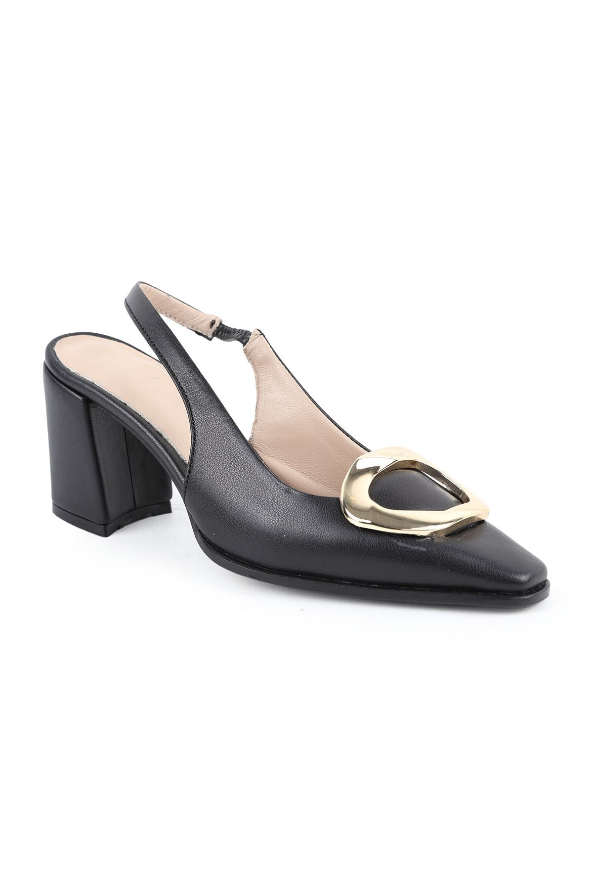 Women's Classic Heeled Shoes Slingback Matte Leather Metal Buckle Block Heel L064.043 - MALLTURK