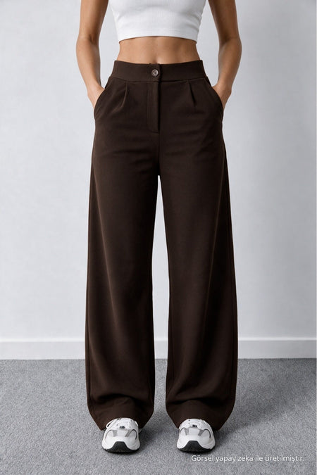 Women's Coffee Brown Lycra Palazzo Loose Wide Leg Trousers - MALLTURK