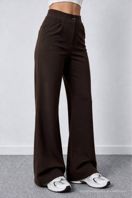 Women's Coffee Brown Lycra Palazzo Loose Wide Leg Trousers - MALLTURK
