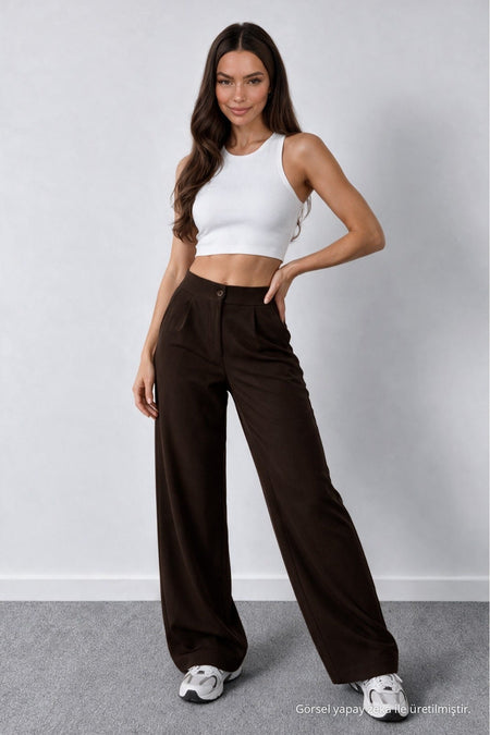Women's Coffee Brown Lycra Palazzo Loose Wide Leg Trousers - MALLTURK