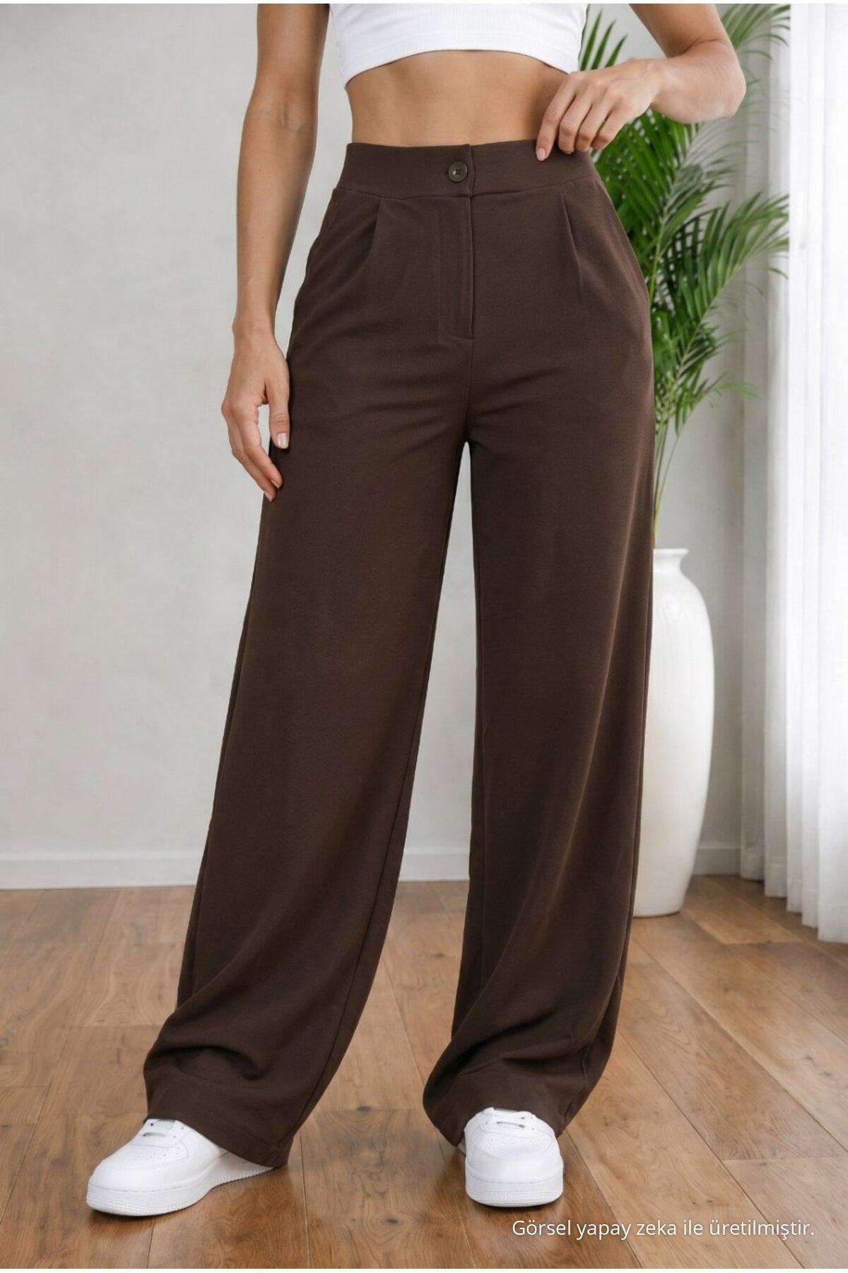 Women's COFFEE High Waist Loose Fit Lycra Wide Leg Palazzo Pants - MALLTURK