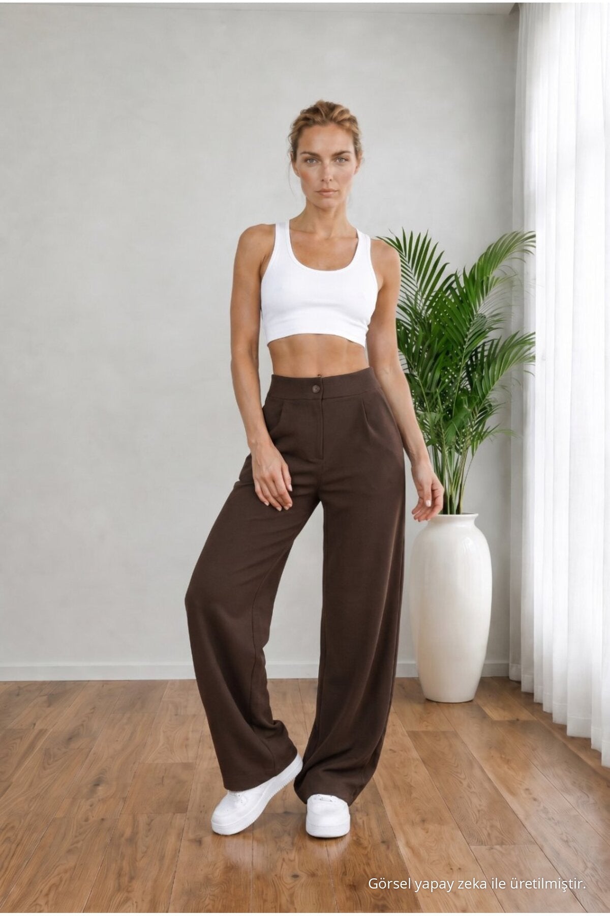 Women's COFFEE High Waist Loose Fit Lycra Wide Leg Palazzo Pants - MALLTURK