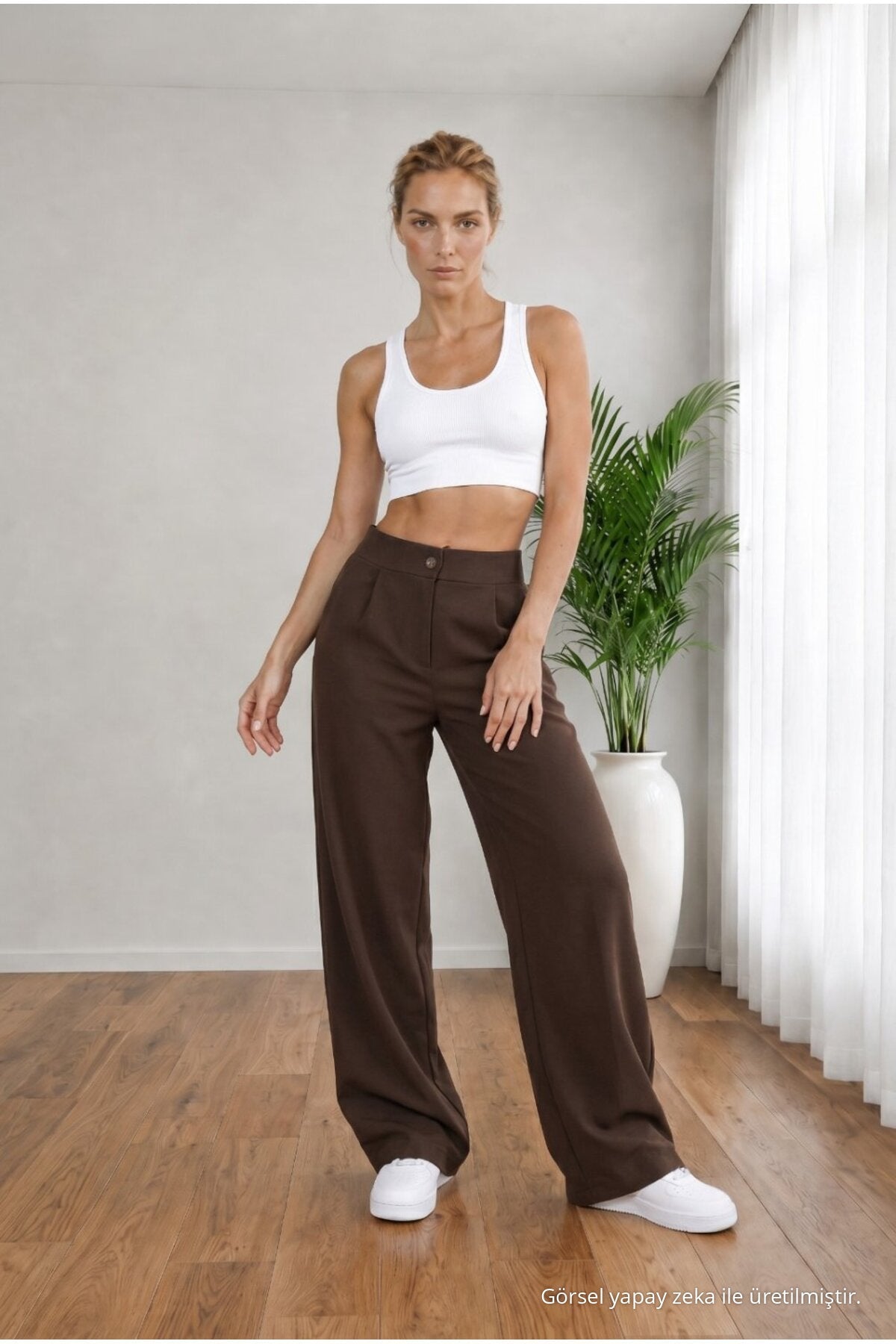 Women's COFFEE High Waist Loose Fit Lycra Wide Leg Palazzo Pants - MALLTURK