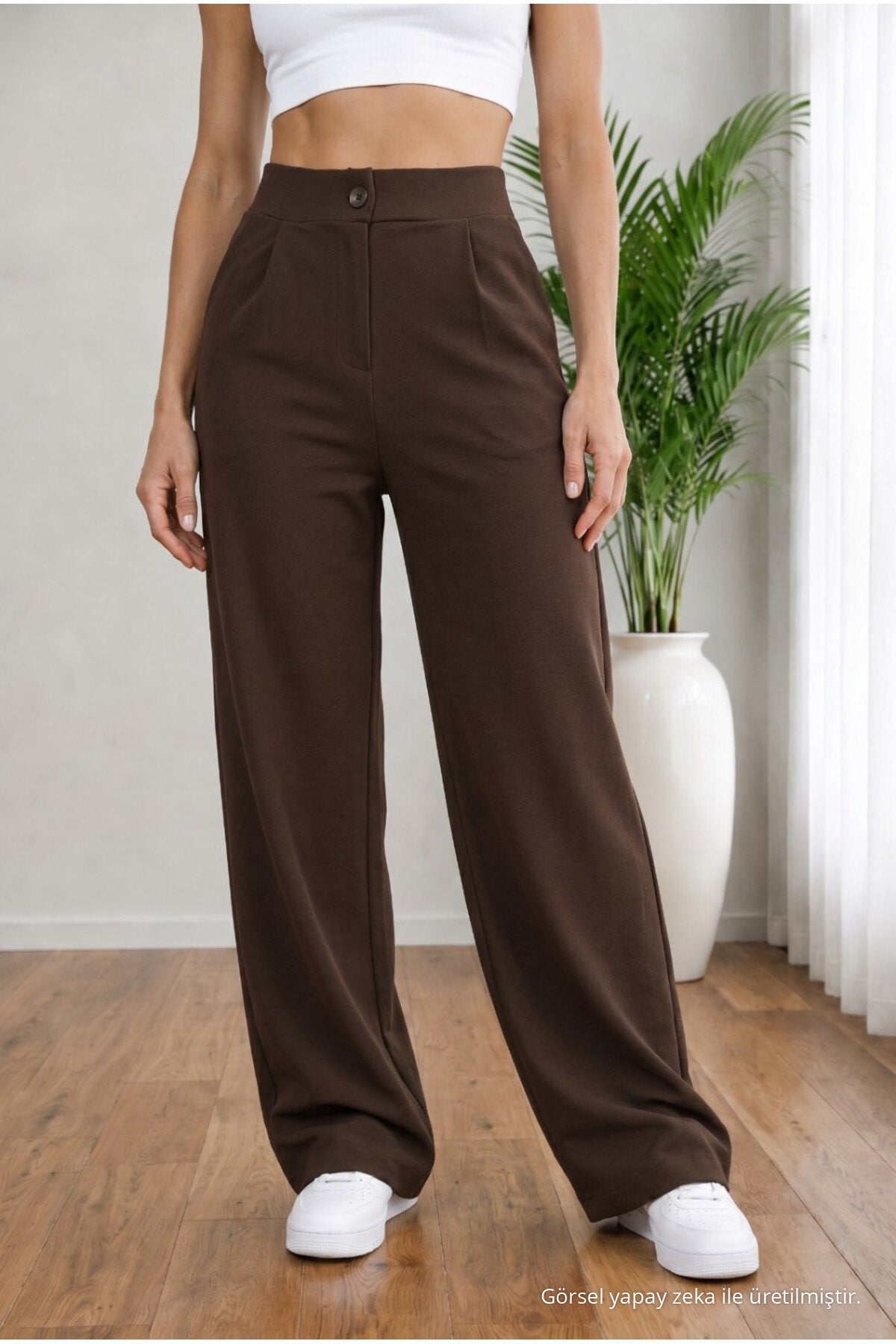Women's COFFEE High Waist Loose Fit Lycra Wide Leg Palazzo Pants - MALLTURK
