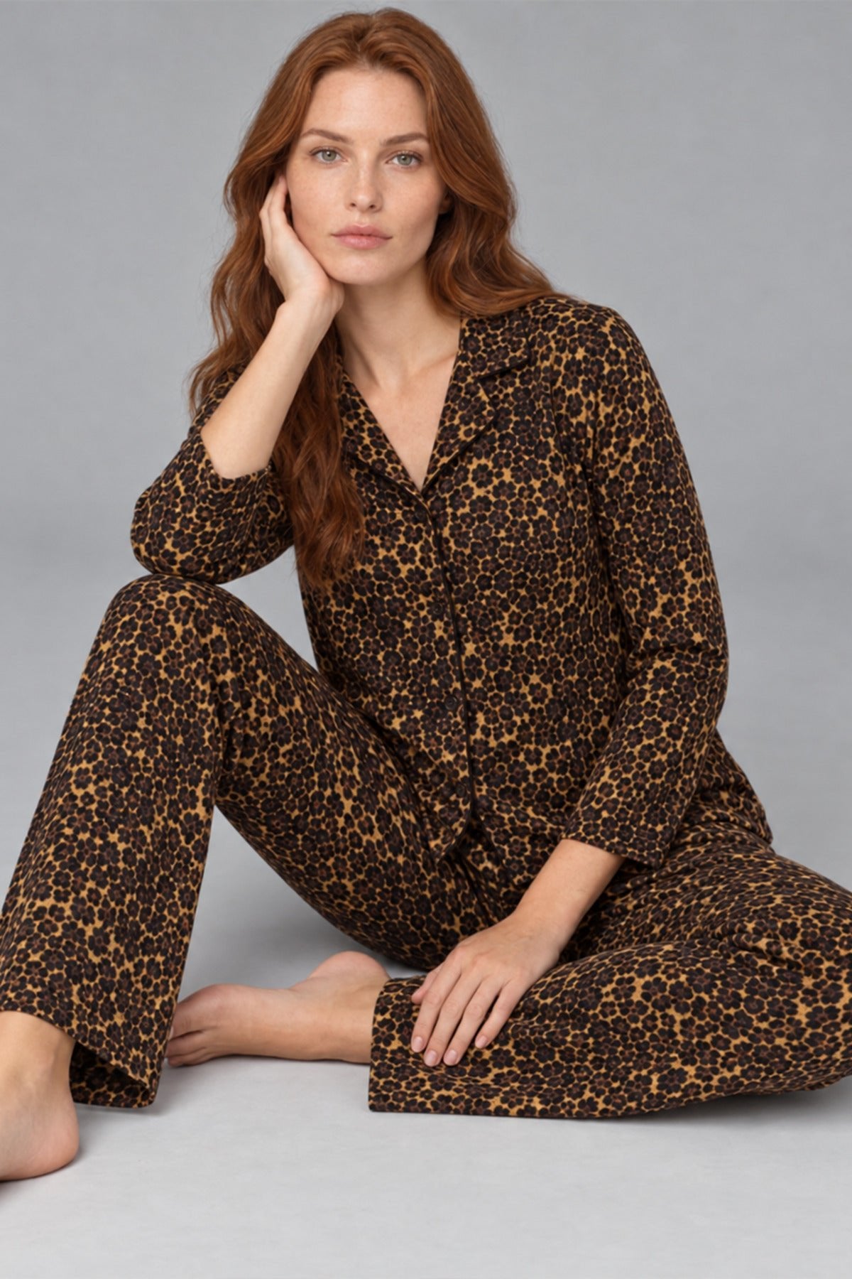 Women's Comfortable Patterned Buttoned Coffee Pajama Set 827 - MALLTURK