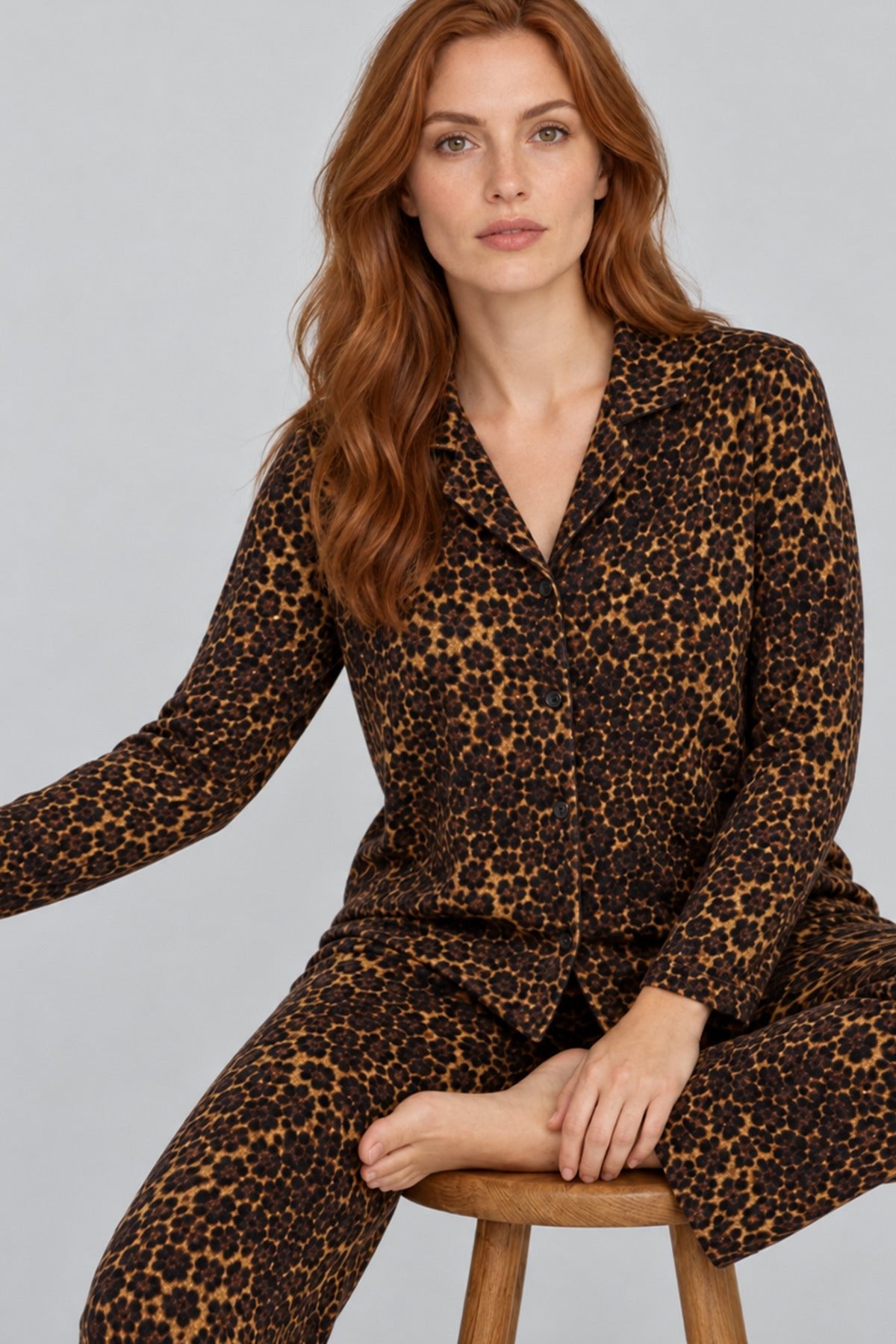 Women's Comfortable Patterned Buttoned Coffee Pajama Set 827 - MALLTURK