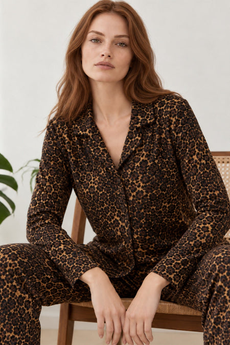 Women's Comfortable Patterned Buttoned Coffee Pajama Set 827 - MALLTURK