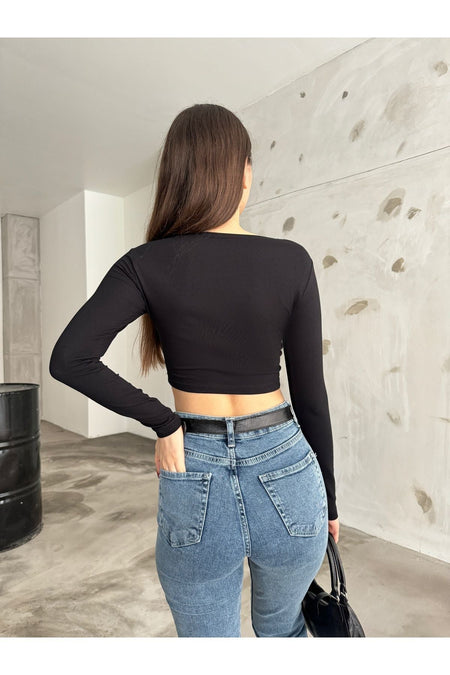 Women's Crew Neck Long Sleeve Fitted Blouse Black - MALLTURK
