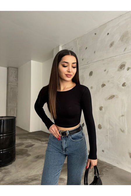 Women's Crew Neck Long Sleeve Fitted Blouse Black - MALLTURK