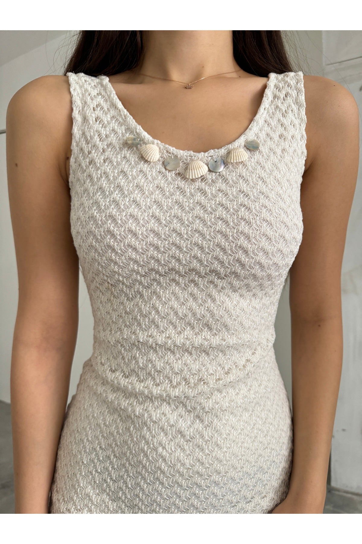 Women's Crew Neck Mesh Knit Sleeveless Lined Slit Detail Dress, beige - MALLTURK