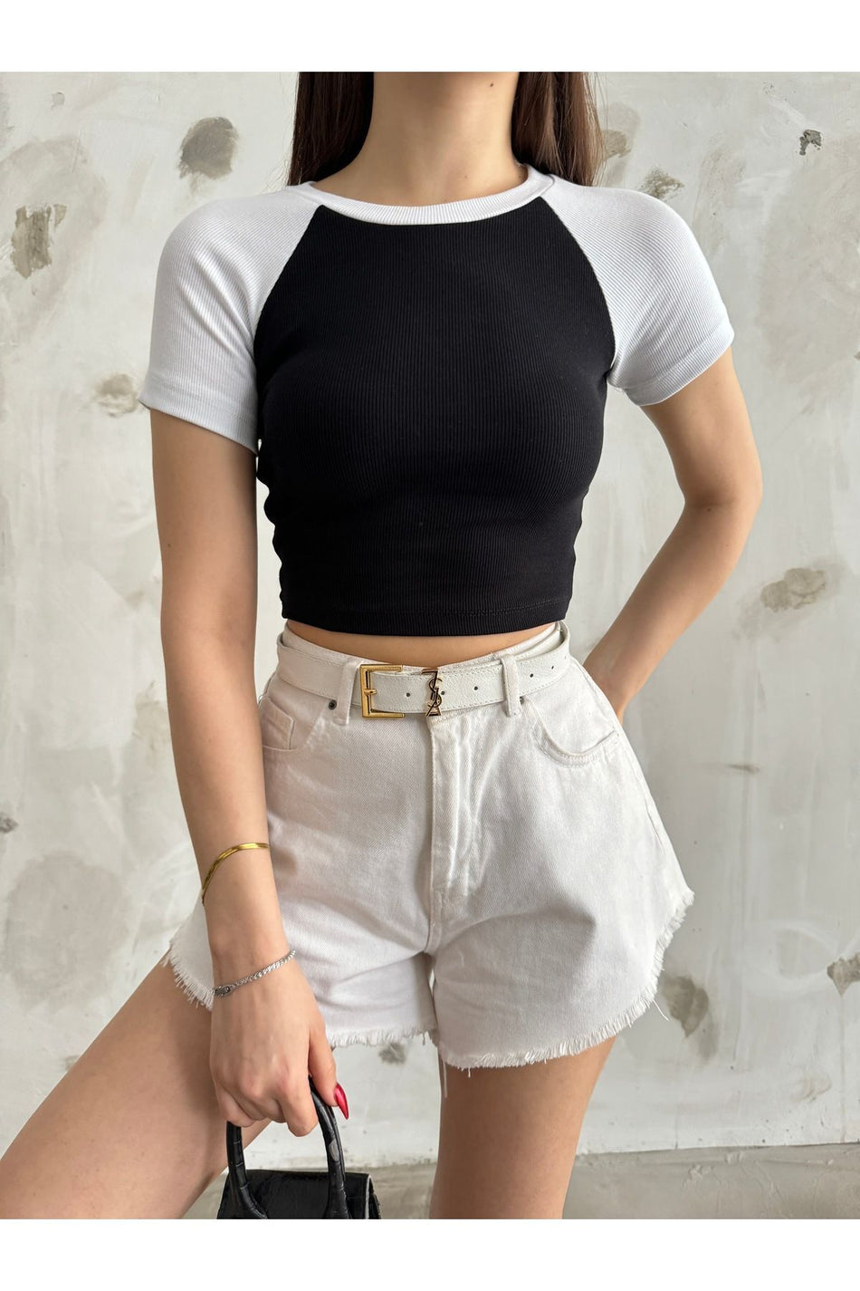 Women's Crew Neck Ribbed T-shirt BLACK - MALLTURK