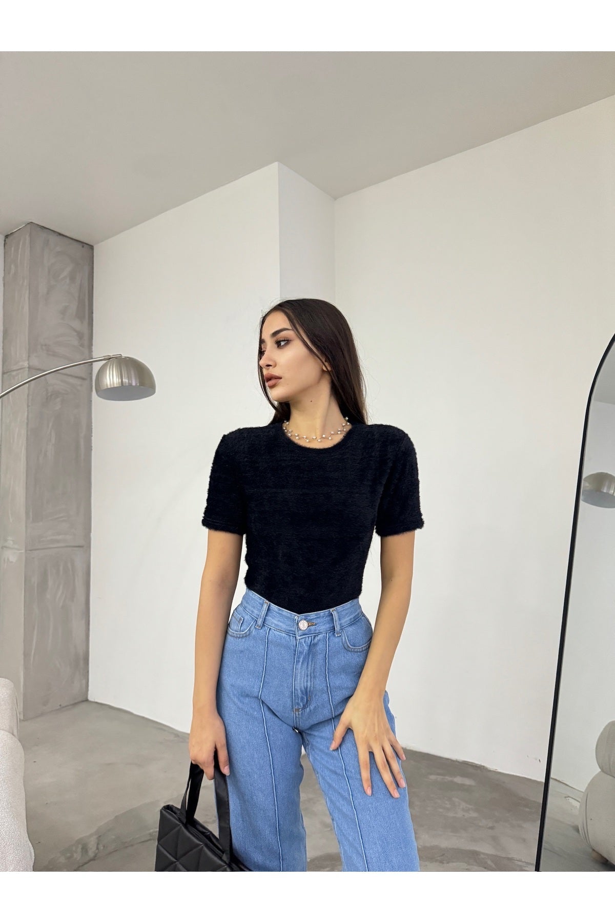 Women's Crew Neck Soft Plush Crop Blouse Black - MALLTURK