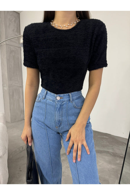 Women's Crew Neck Soft Plush Crop Blouse Black - MALLTURK