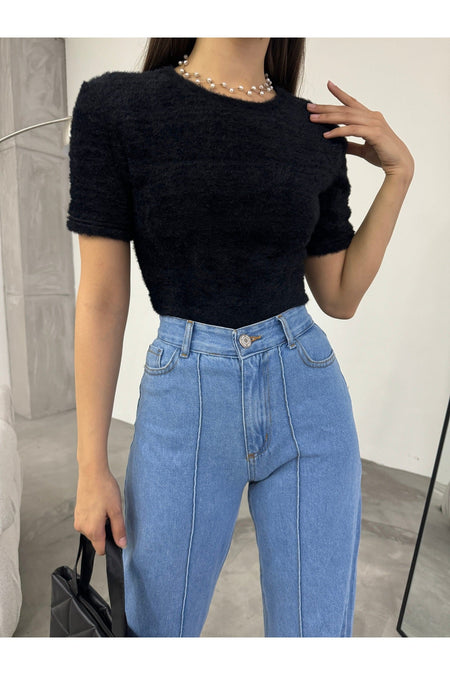 Women's Crew Neck Soft Plush Crop Blouse Black - MALLTURK