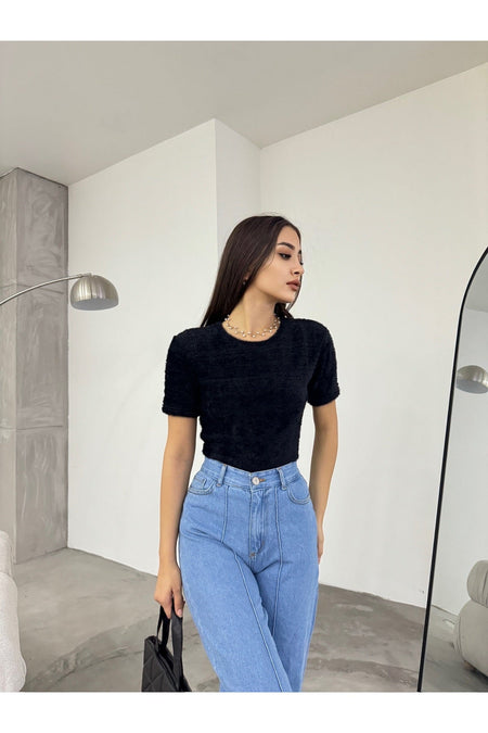 Women's Crew Neck Soft Plush Crop Blouse Black - MALLTURK